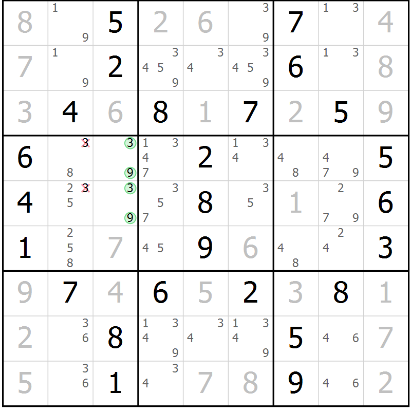 Position des candidats pour la solution de la Gr 8 page 11 du magazine de sudoku Giga sudoku niv 6-8 n° 032