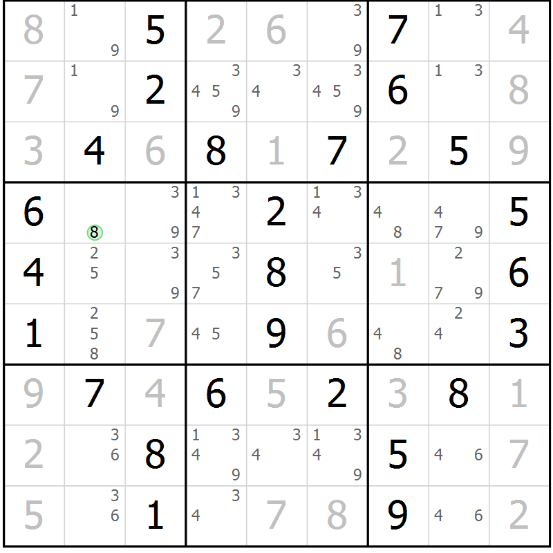 Position des candidats pour la solution de la Gr 8 page 11 du magazine de sudoku Giga sudoku niv 6-8 n° 032