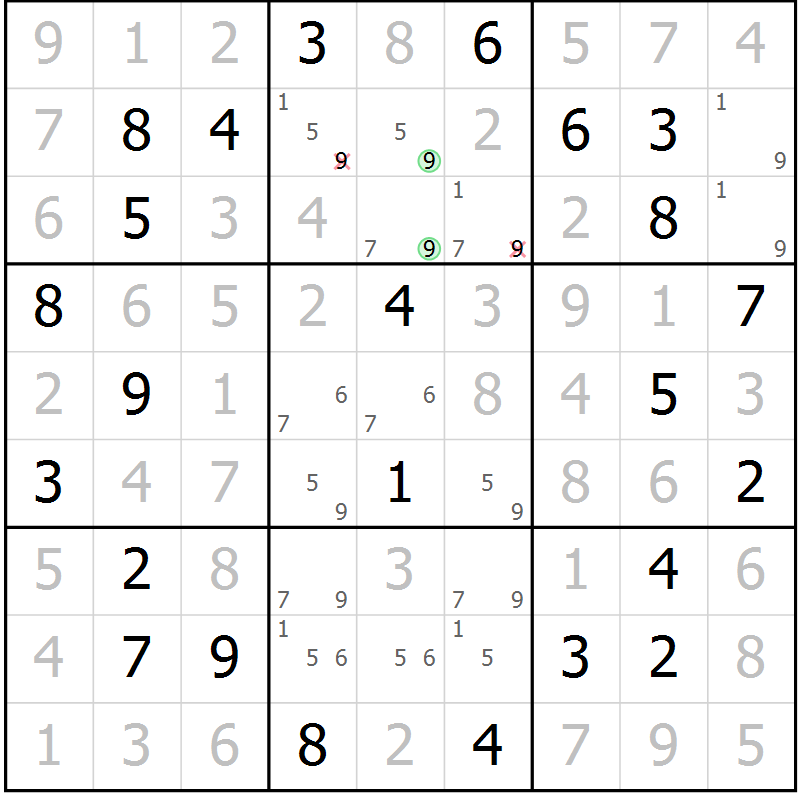 Position des candidats pour la solution de la Gr 80 page 83 du magazine de sudoku Giga sudoku niv 6-8 n° 032