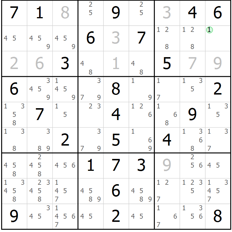 Position des candidats pour la solution de la Gr 81 page 84 du magazine de sudoku Giga sudoku niv 6-8 n° 032