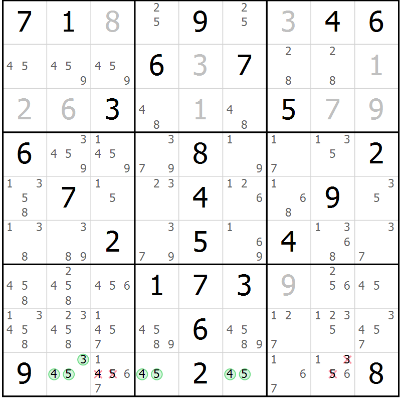 Position des candidats pour la solution de la Gr 81 page 84 du magazine de sudoku Giga sudoku niv 6-8 n° 032