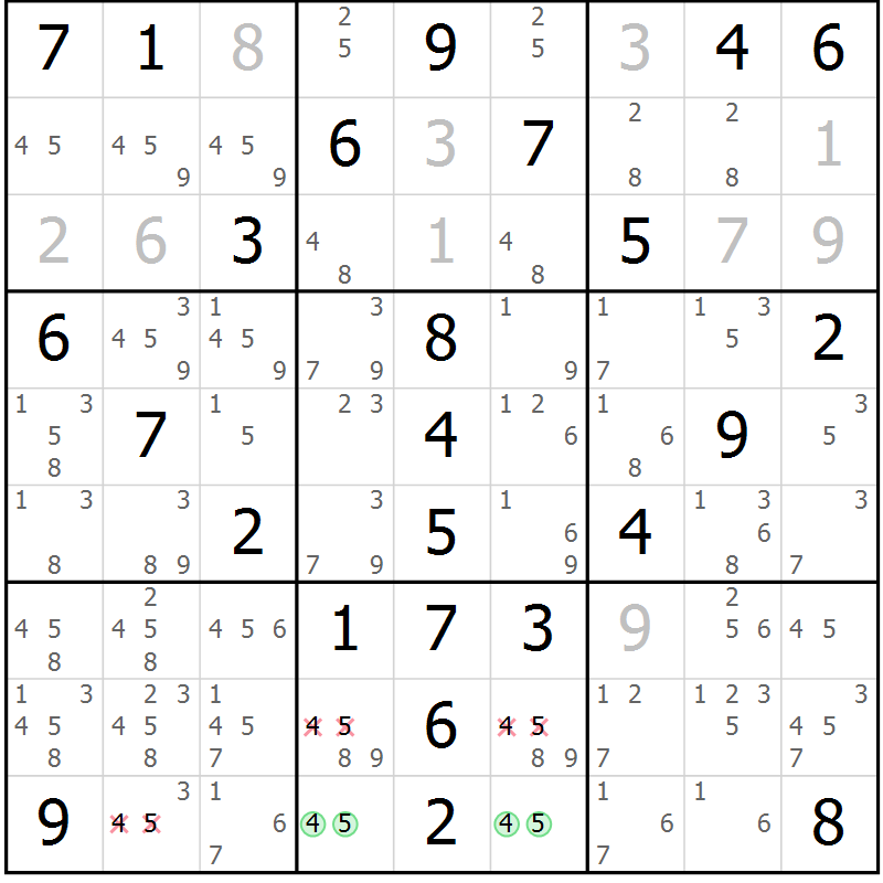 Position des candidats pour la solution de la Gr 81 page 84 du magazine de sudoku Giga sudoku niv 6-8 n° 032