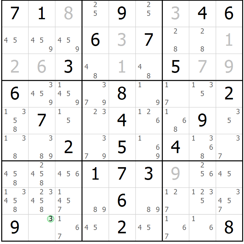 Position des candidats pour la solution de la Gr 81 page 84 du magazine de sudoku Giga sudoku niv 6-8 n° 032