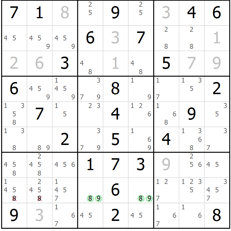 Position des candidats pour la solution de la Gr 81 page 84 du magazine de sudoku Giga sudoku niv 6-8 n° 032