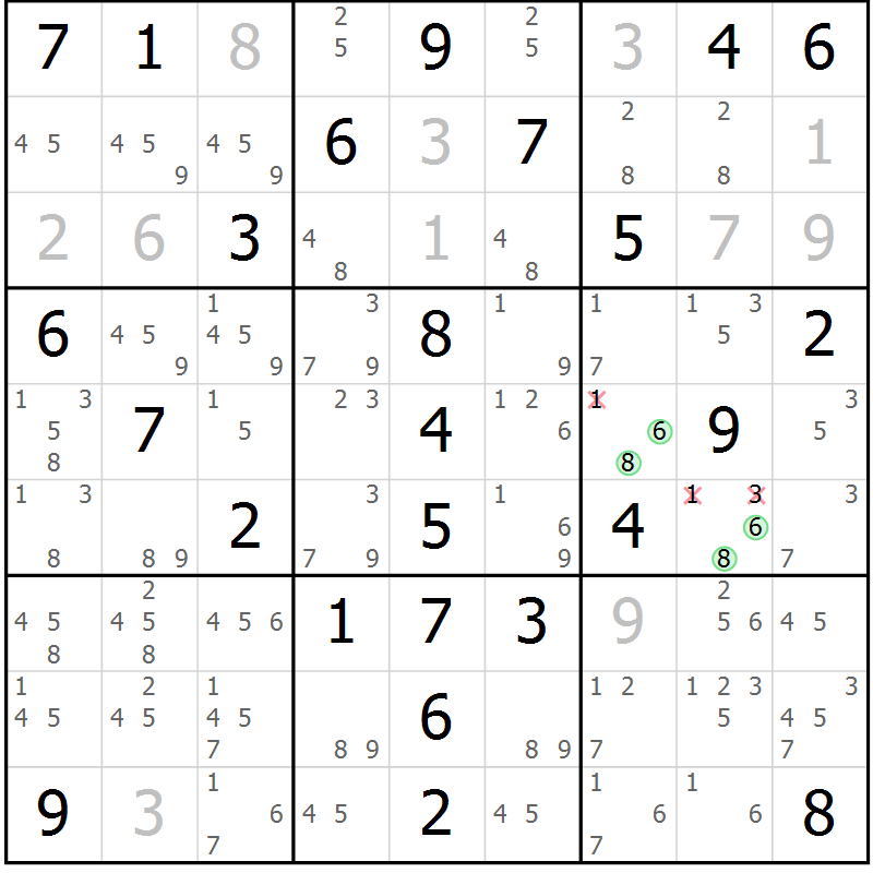 Position des candidats pour la solution de la Gr 81 page 84 du magazine de sudoku Giga sudoku niv 6-8 n° 032