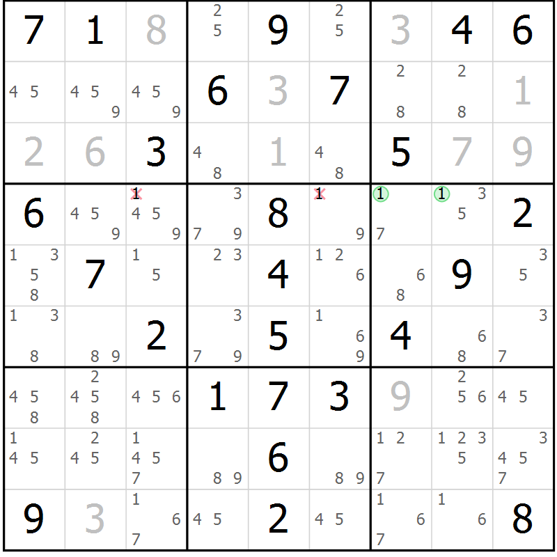 Position des candidats pour la solution de la Gr 81 page 84 du magazine de sudoku Giga sudoku niv 6-8 n° 032
