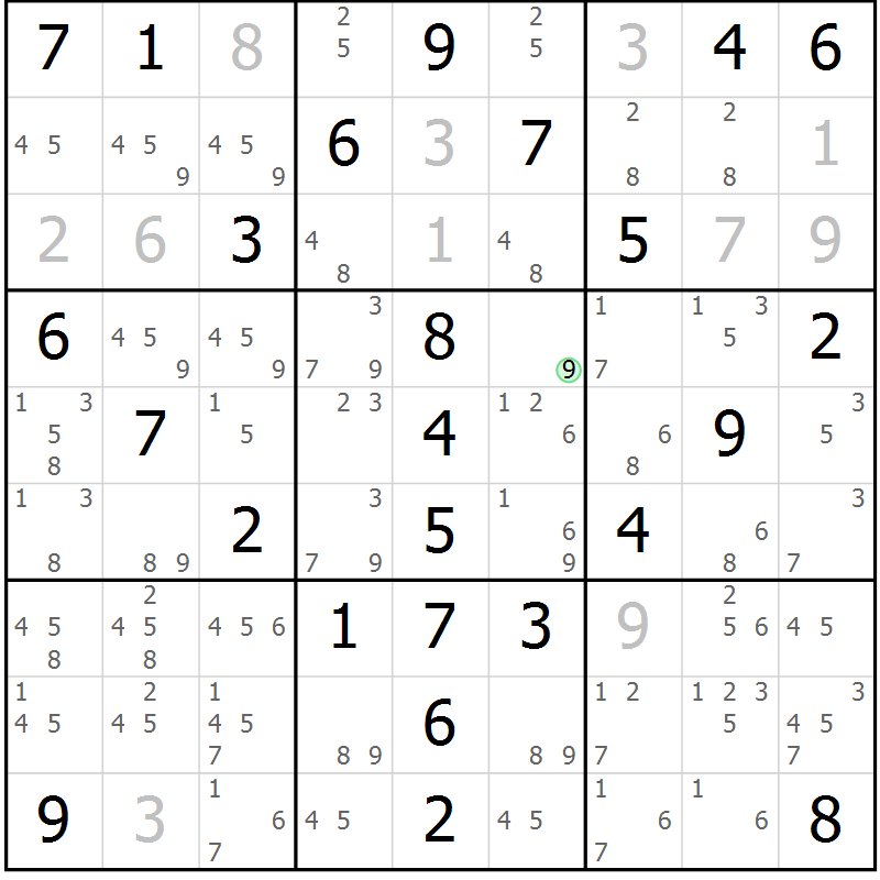 Position des candidats pour la solution de la Gr 81 page 84 du magazine de sudoku Giga sudoku niv 6-8 n° 032