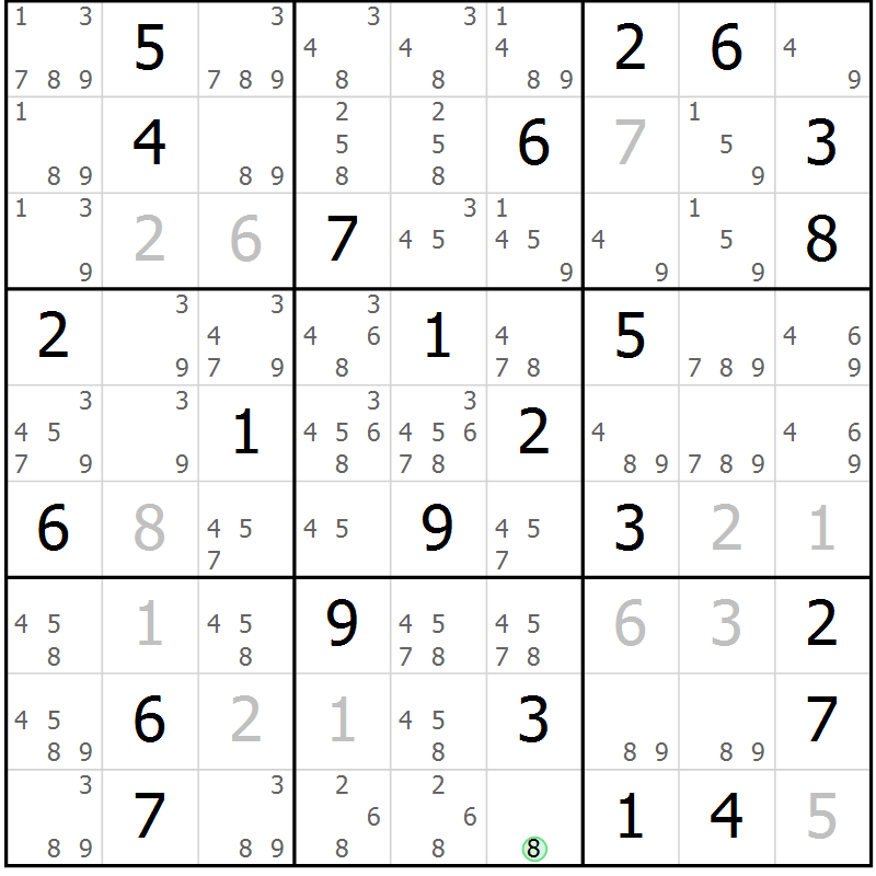 Position des candidats pour la solution de la Gr 82 page 85 du magazine de sudoku Giga sudoku niv 6-8 n° 032