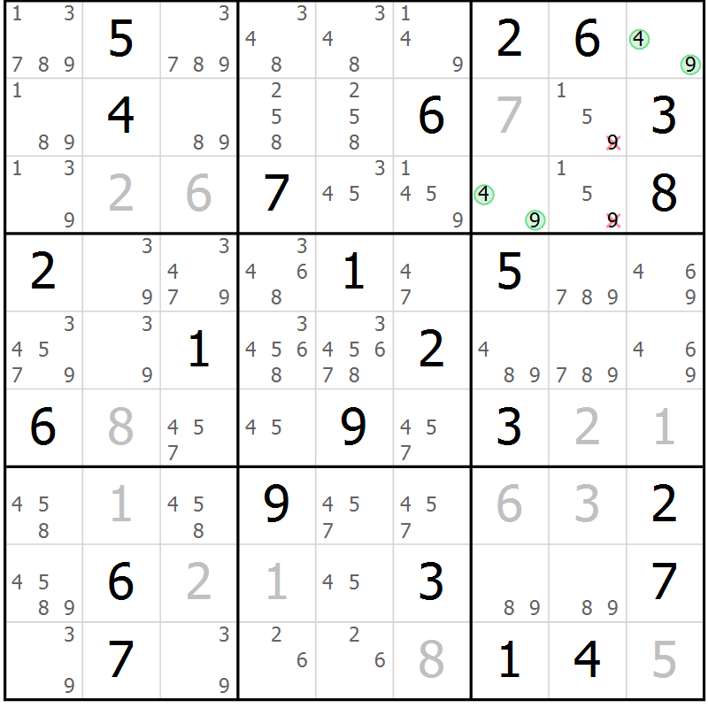 Position des candidats pour la solution de la Gr 82 page 85 du magazine de sudoku Giga sudoku niv 6-8 n° 032