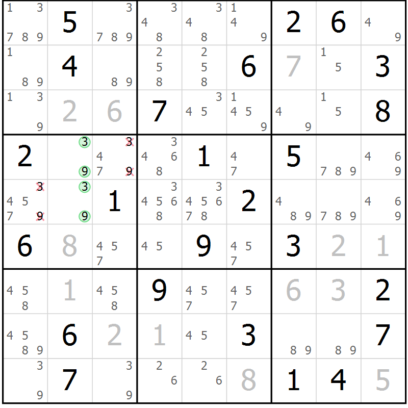 Position des candidats pour la solution de la Gr 82 page 85 du magazine de sudoku Giga sudoku niv 6-8 n° 032