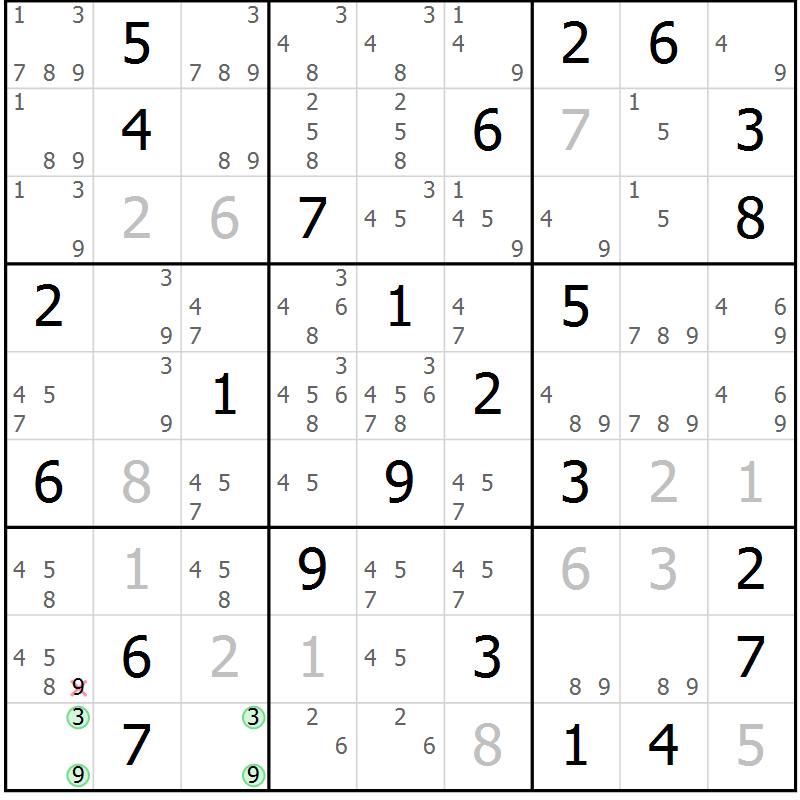 Position des candidats pour la solution de la Gr 82 page 85 du magazine de sudoku Giga sudoku niv 6-8 n° 032