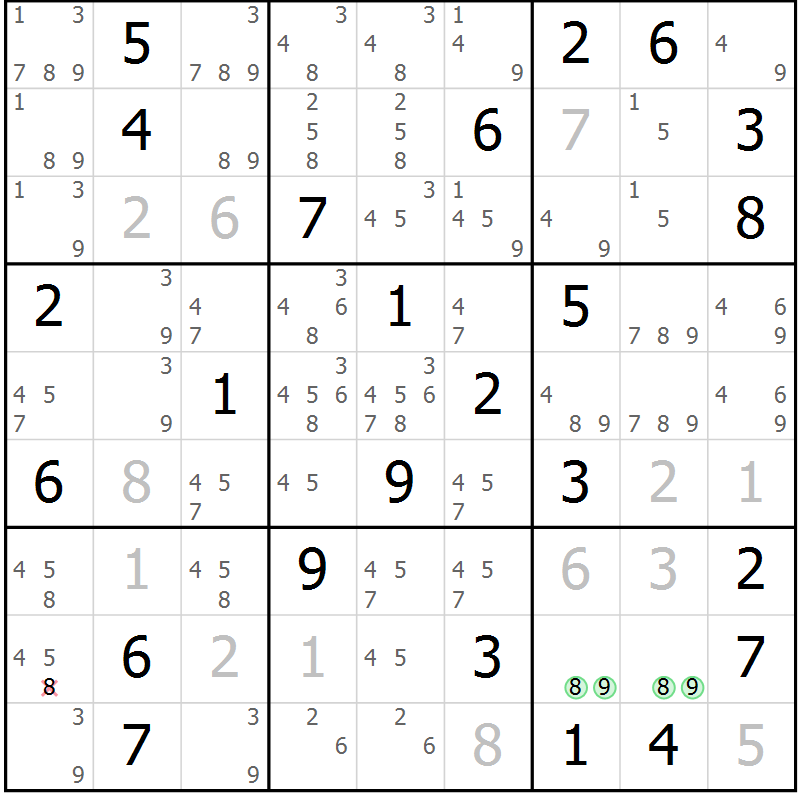 Position des candidats pour la solution de la Gr 82 page 85 du magazine de sudoku Giga sudoku niv 6-8 n° 032