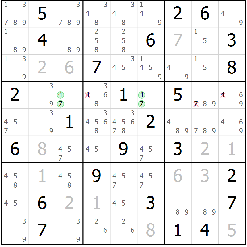 Position des candidats pour la solution de la Gr 82 page 85 du magazine de sudoku Giga sudoku niv 6-8 n° 032