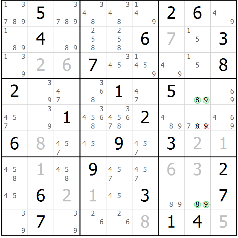 Position des candidats pour la solution de la Gr 82 page 85 du magazine de sudoku Giga sudoku niv 6-8 n° 032