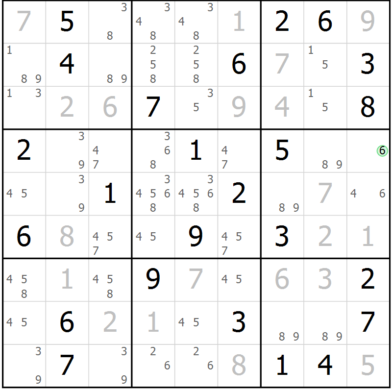 Position des candidats pour la solution de la Gr 82 page 85 du magazine de sudoku Giga sudoku niv 6-8 n° 032