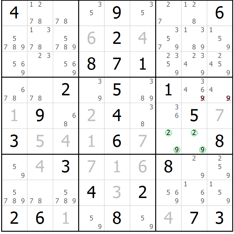Position des candidats pour la solution de la Gr 84 page 87 du magazine de sudoku Giga sudoku niv 6-8 n° 032
