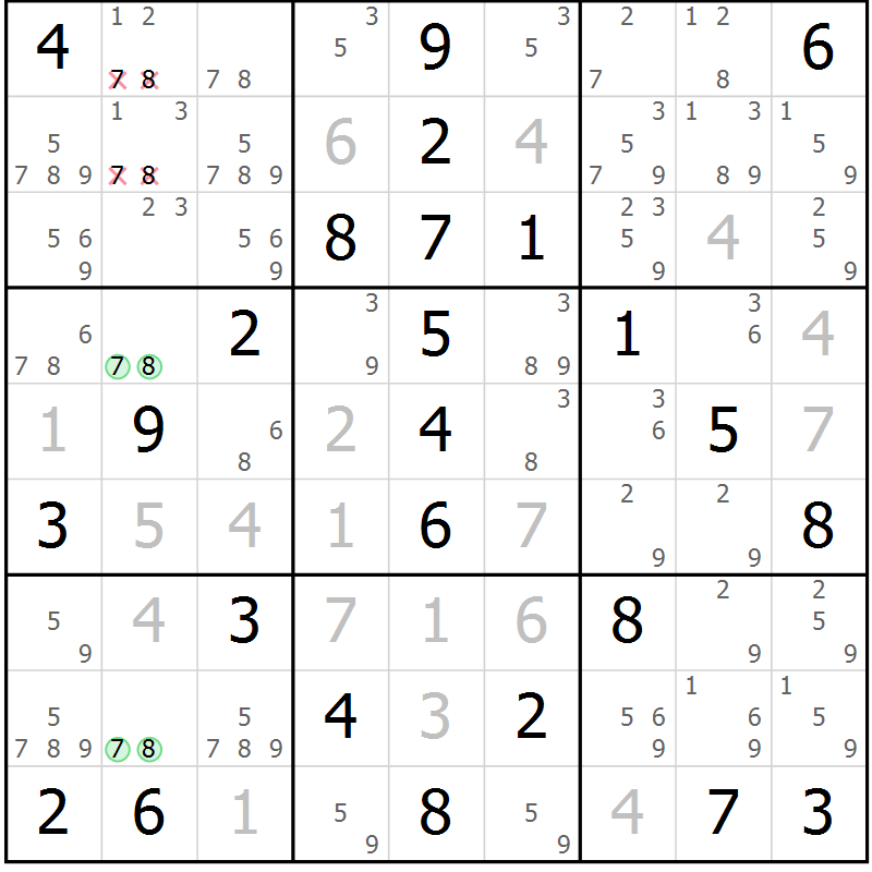 Position des candidats pour la solution de la Gr 84 page 87 du magazine de sudoku Giga sudoku niv 6-8 n° 032