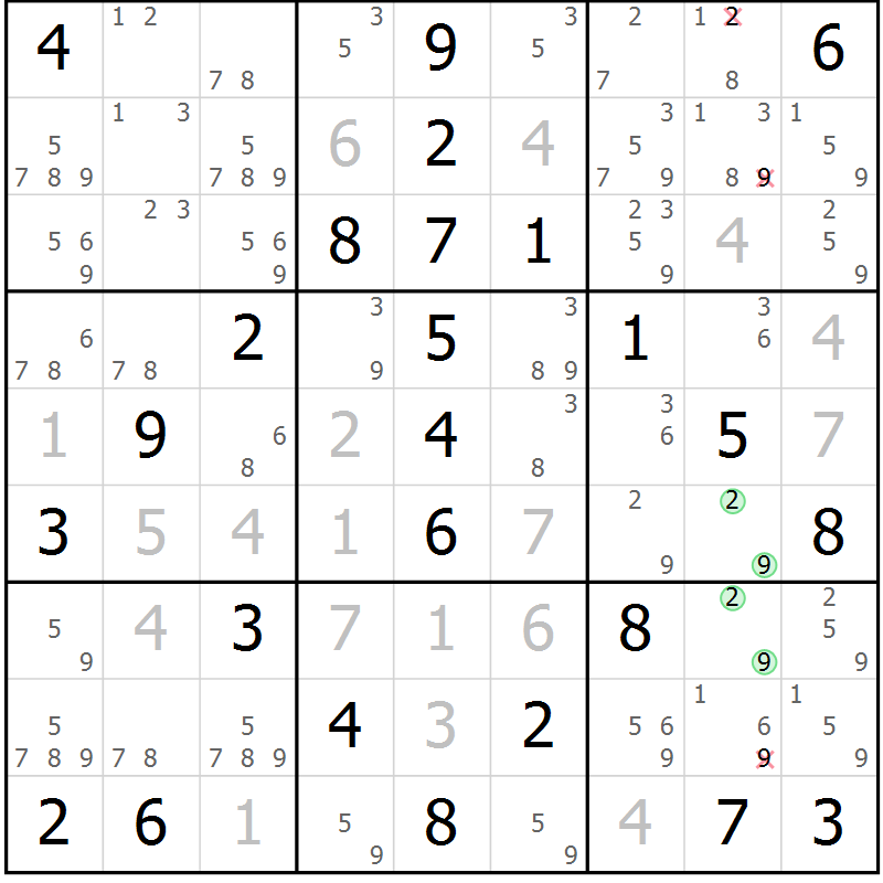 Position des candidats pour la solution de la Gr 84 page 87 du magazine de sudoku Giga sudoku niv 6-8 n° 032
