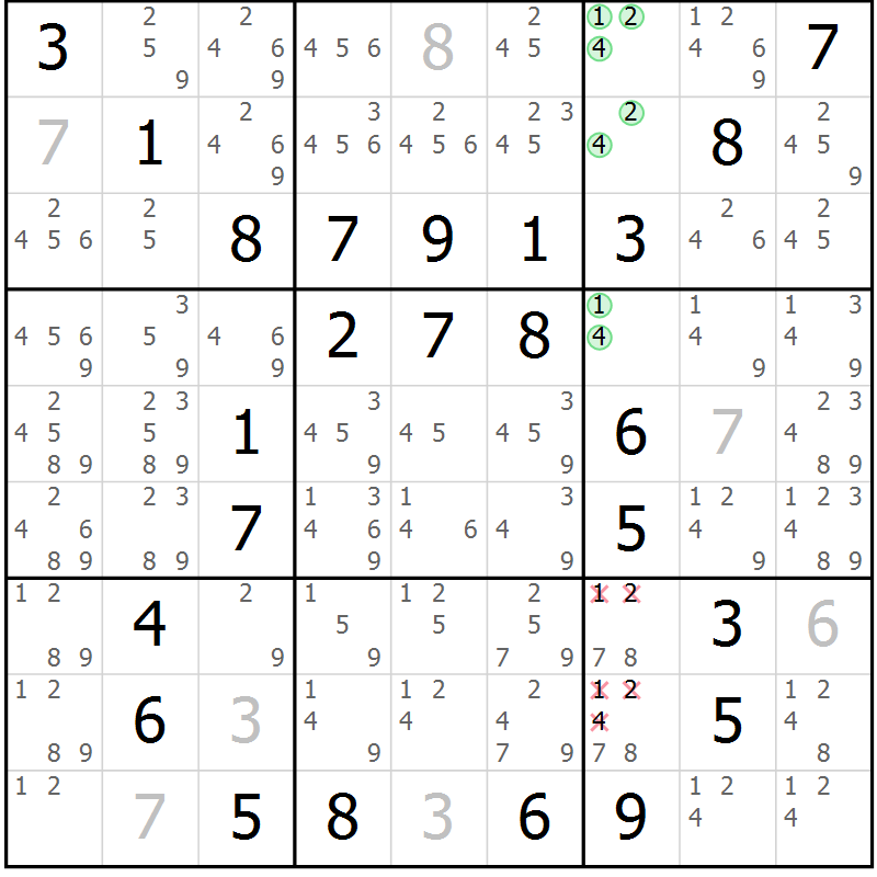 Position des candidats pour la solution de la Gr 85 page 88 du magazine de sudoku Giga sudoku niv 6-8 n° 032