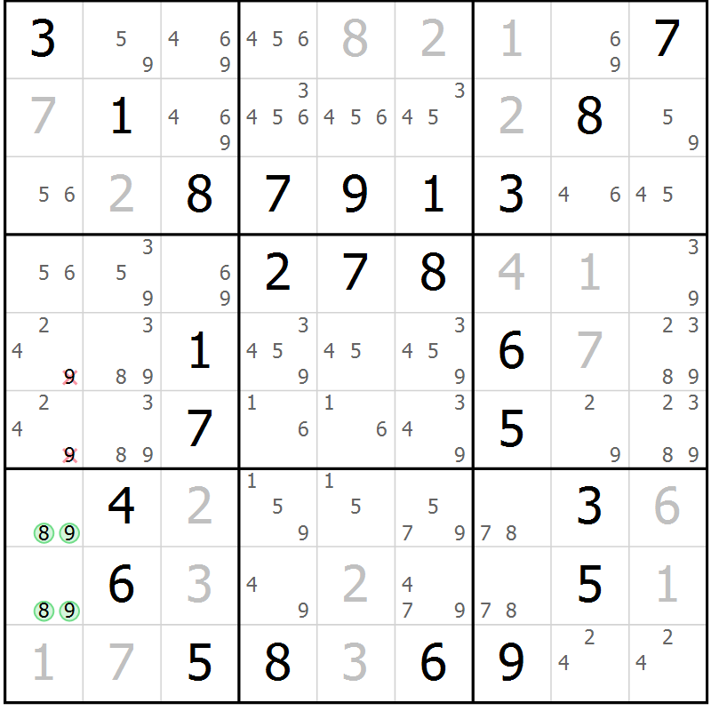 Position des candidats pour la solution de la Gr 85 page 88 du magazine de sudoku Giga sudoku niv 6-8 n° 032
