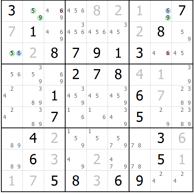 Position des candidats pour la solution de la Gr 85 page 88 du magazine de sudoku Giga sudoku niv 6-8 n° 032