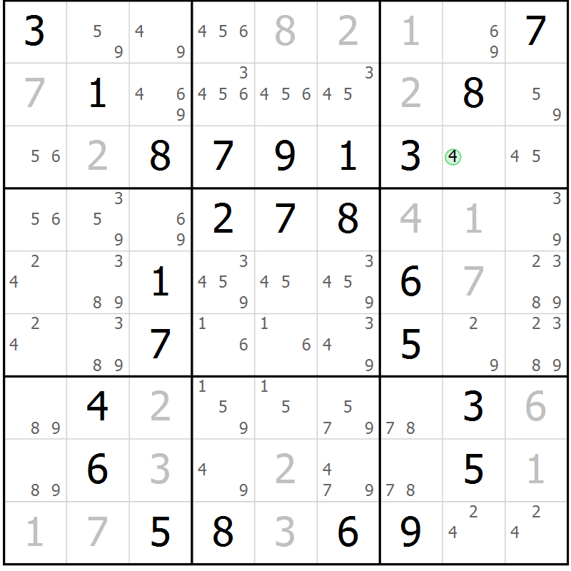 Position des candidats pour la solution de la Gr 85 page 88 du magazine de sudoku Giga sudoku niv 6-8 n° 032