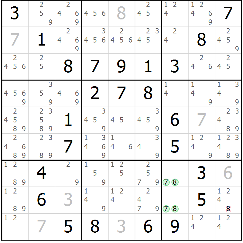 Position des candidats pour la solution de la Gr 85 page 88 du magazine de sudoku Giga sudoku niv 6-8 n° 032