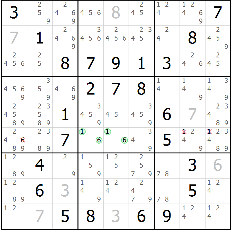 Position des candidats pour la solution de la Gr 85 page 88 du magazine de sudoku Giga sudoku niv 6-8 n° 032