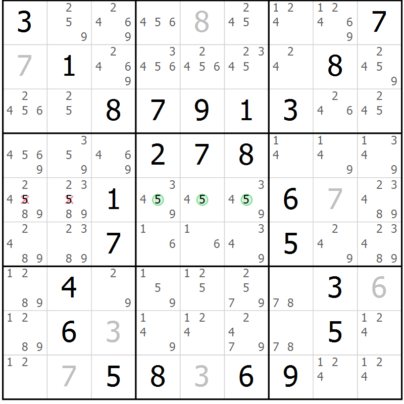 Position des candidats pour la solution de la Gr 85 page 88 du magazine de sudoku Giga sudoku niv 6-8 n° 032