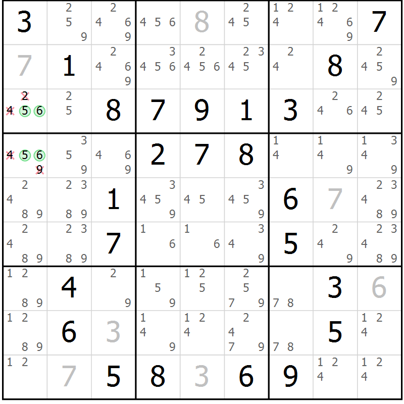 Position des candidats pour la solution de la Gr 85 page 88 du magazine de sudoku Giga sudoku niv 6-8 n° 032