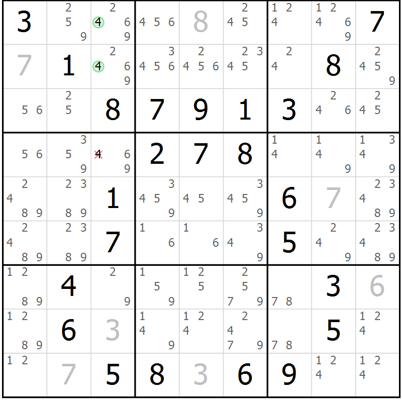 Position des candidats pour la solution de la Gr 85 page 88 du magazine de sudoku Giga sudoku niv 6-8 n° 032