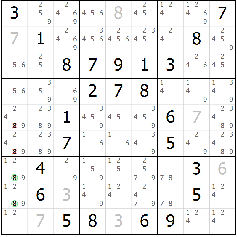 Position des candidats pour la solution de la Gr 85 page 88 du magazine de sudoku Giga sudoku niv 6-8 n° 032
