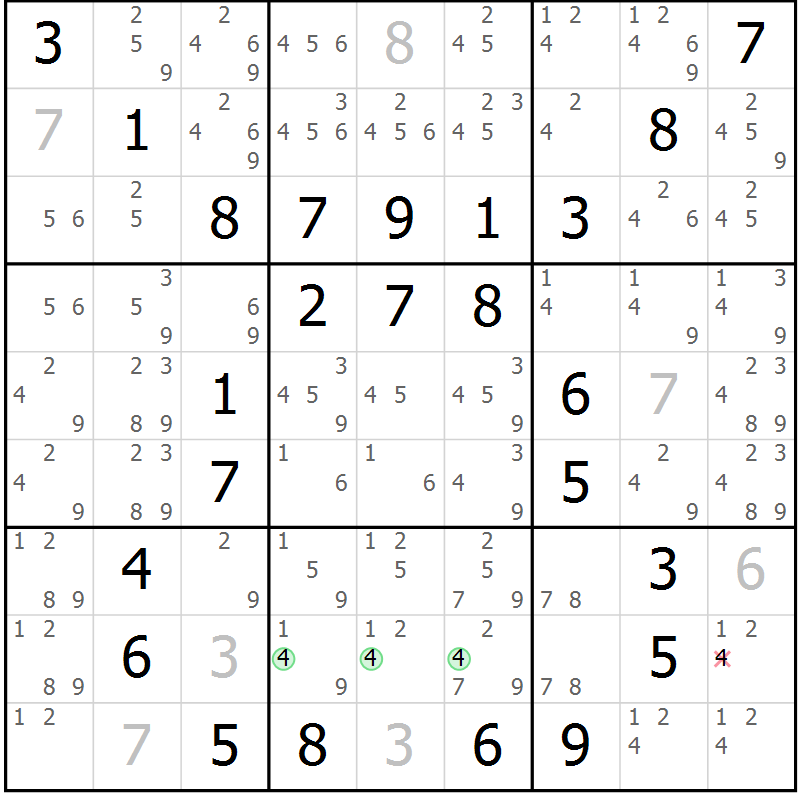 Position des candidats pour la solution de la Gr 85 page 88 du magazine de sudoku Giga sudoku niv 6-8 n° 032