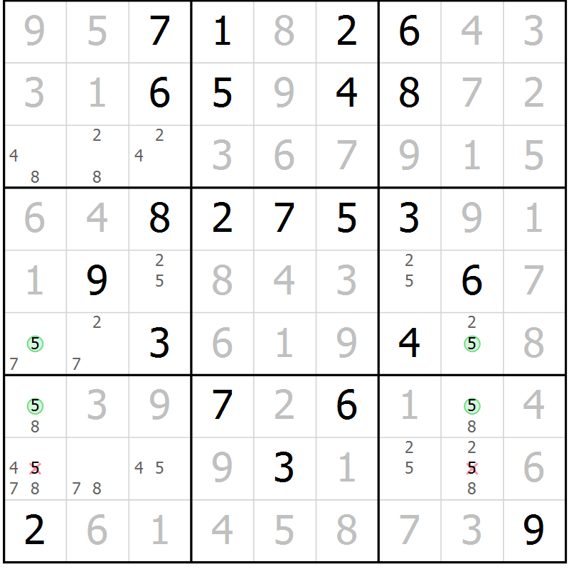 Position des candidats pour la solution de la Gr 87 page 90 du magazine de sudoku Giga sudoku niv 6-8 n° 032