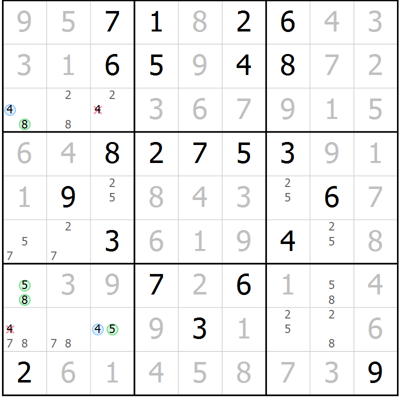 Position des candidats pour la solution de la Gr 87 page 90 du magazine de sudoku Giga sudoku niv 6-8 n° 032