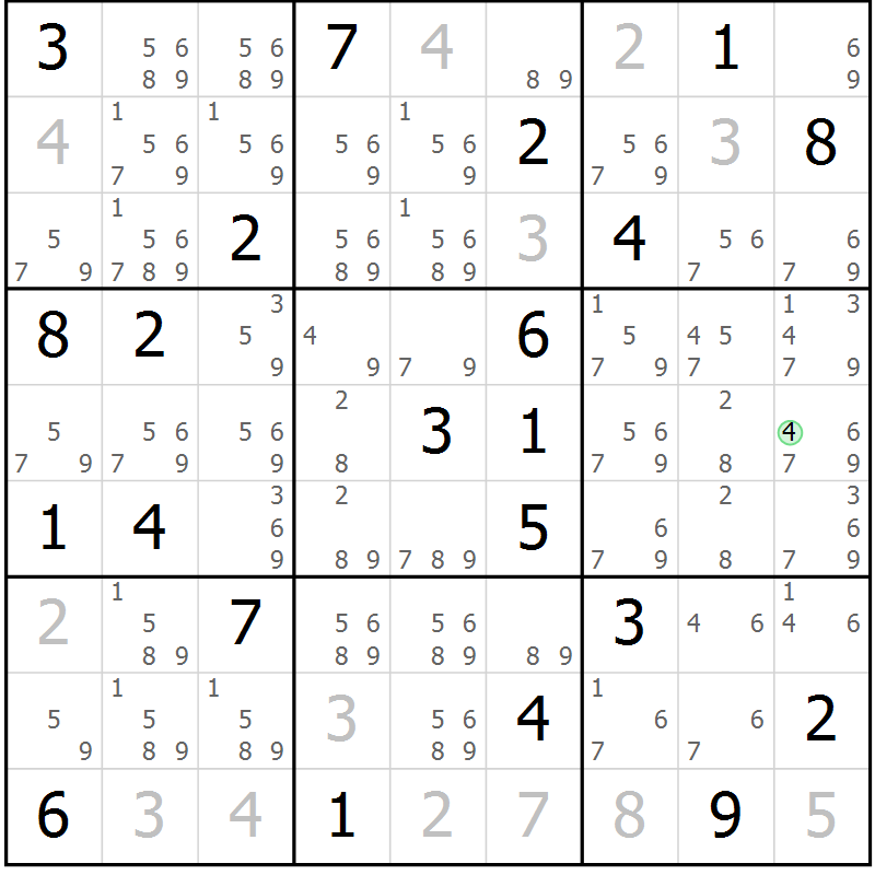Position des candidats pour la solution de la Gr 88 page 91 du magazine de sudoku Giga sudoku niv 6-8 n° 032