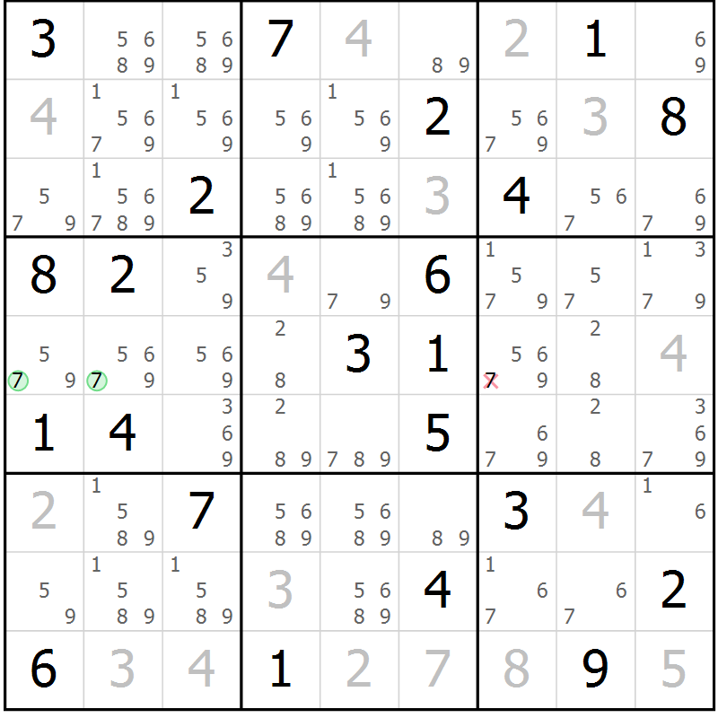 Position des candidats pour la solution de la Gr 88 page 91 du magazine de sudoku Giga sudoku niv 6-8 n° 032