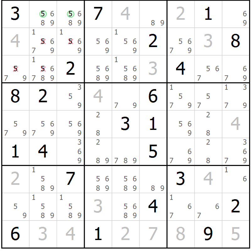 Position des candidats pour la solution de la Gr 88 page 91 du magazine de sudoku Giga sudoku niv 6-8 n° 032