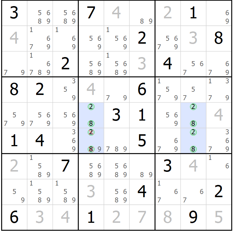 Position des candidats pour la solution de la Gr 88 page 91 du magazine de sudoku Giga sudoku niv 6-8 n° 032