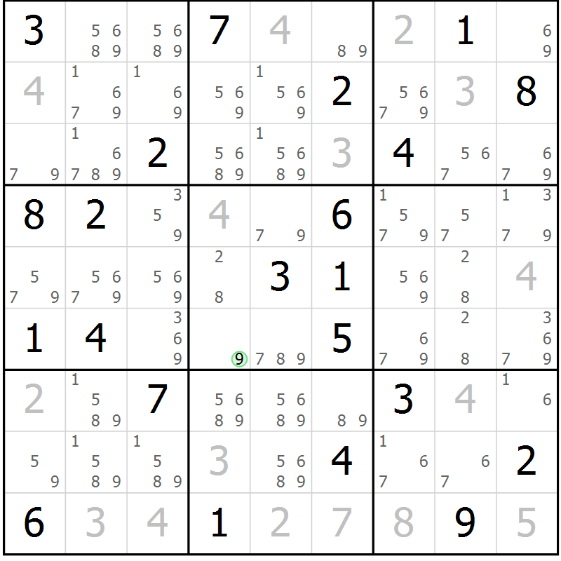 Position des candidats pour la solution de la Gr 88 page 91 du magazine de sudoku Giga sudoku niv 6-8 n° 032