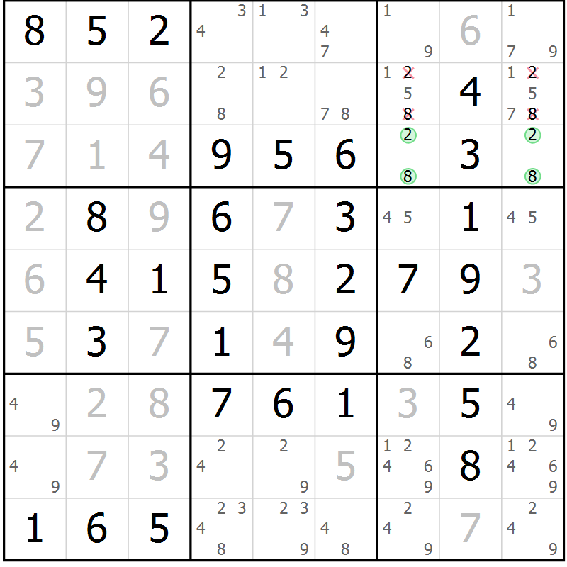 Position des candidats pour la solution de la Gr 89 page 92 du magazine de sudoku Giga sudoku niv 6-8 n° 032