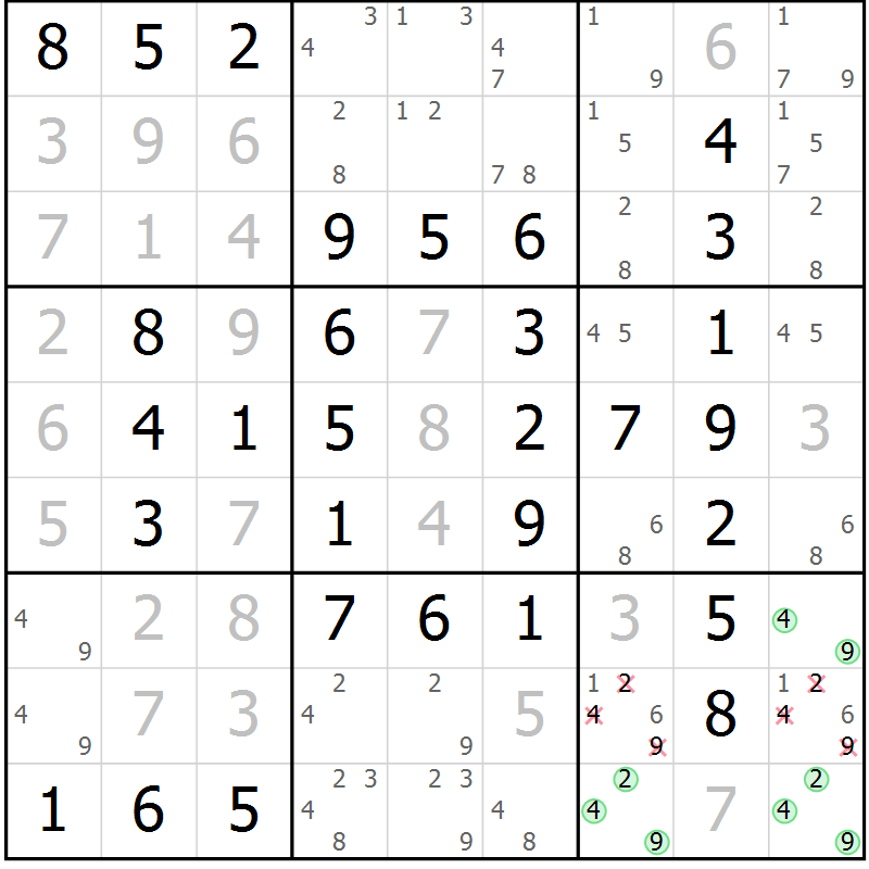Position des candidats pour la solution de la Gr 89 page 92 du magazine de sudoku Giga sudoku niv 6-8 n° 032