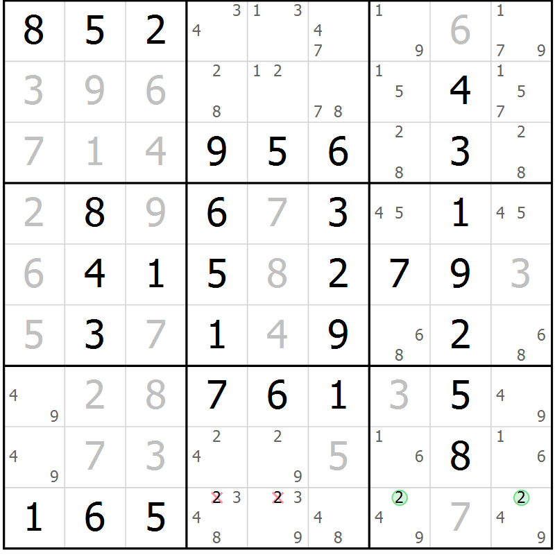 Position des candidats pour la solution de la Gr 89 page 92 du magazine de sudoku Giga sudoku niv 6-8 n° 032