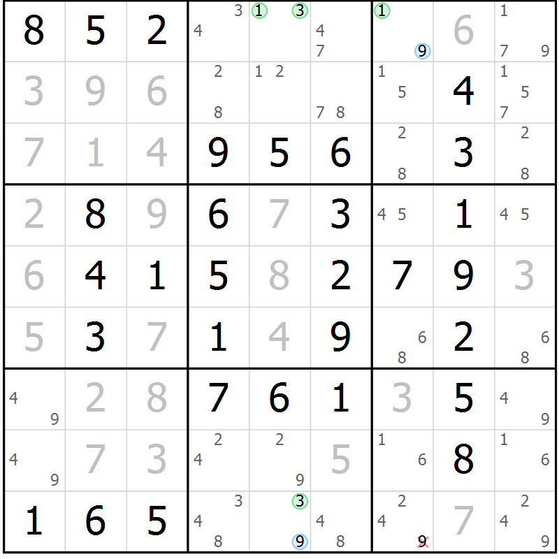 Position des candidats pour la solution de la Gr 89 page 92 du magazine de sudoku Giga sudoku niv 6-8 n° 032