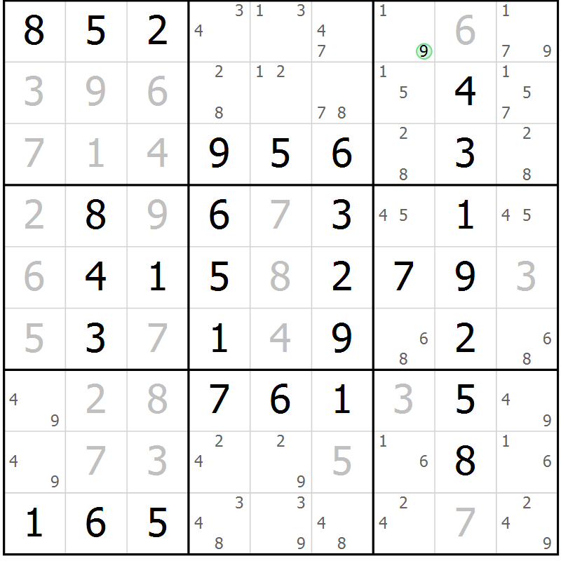 Position des candidats pour la solution de la Gr 89 page 92 du magazine de sudoku Giga sudoku niv 6-8 n° 032