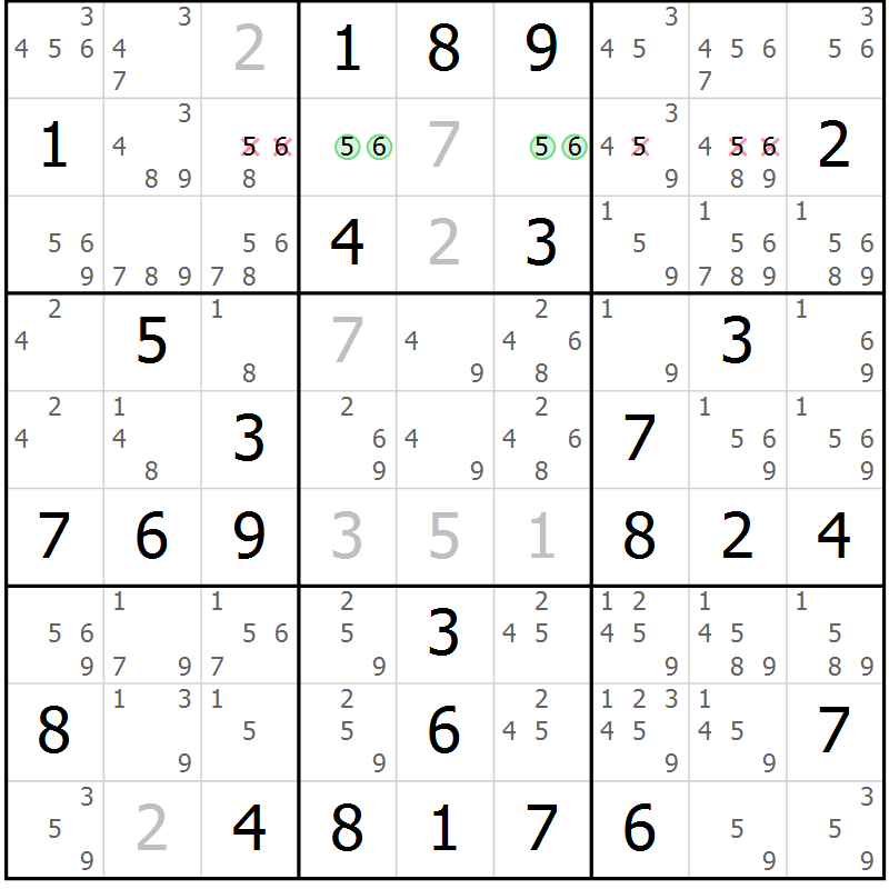 Position des candidats pour la solution de la Gr 9 page 12 du magazine de sudoku Giga sudoku niv 6-8 n° 032