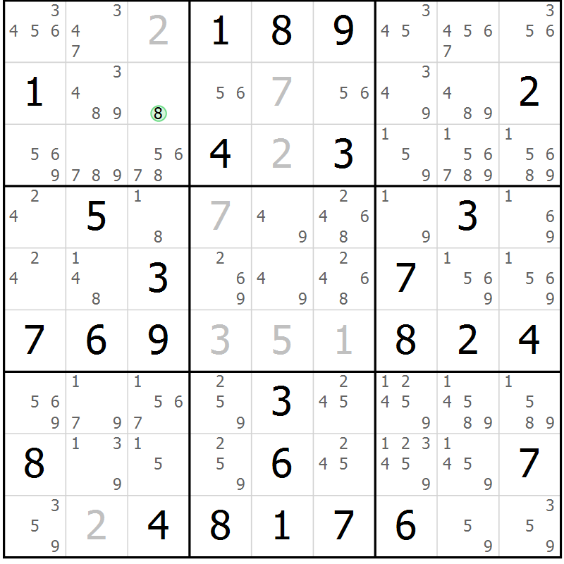 Position des candidats pour la solution de la Gr 9 page 12 du magazine de sudoku Giga sudoku niv 6-8 n° 032