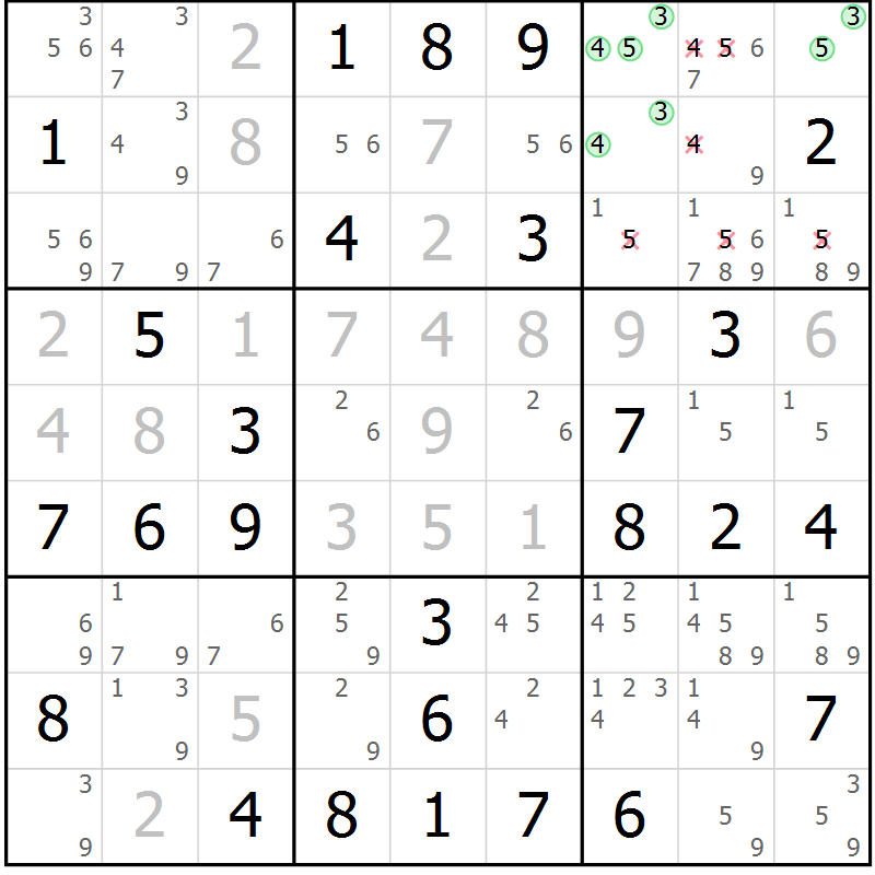 Position des candidats pour la solution de la Gr 9 page 12 du magazine de sudoku Giga sudoku niv 6-8 n° 032