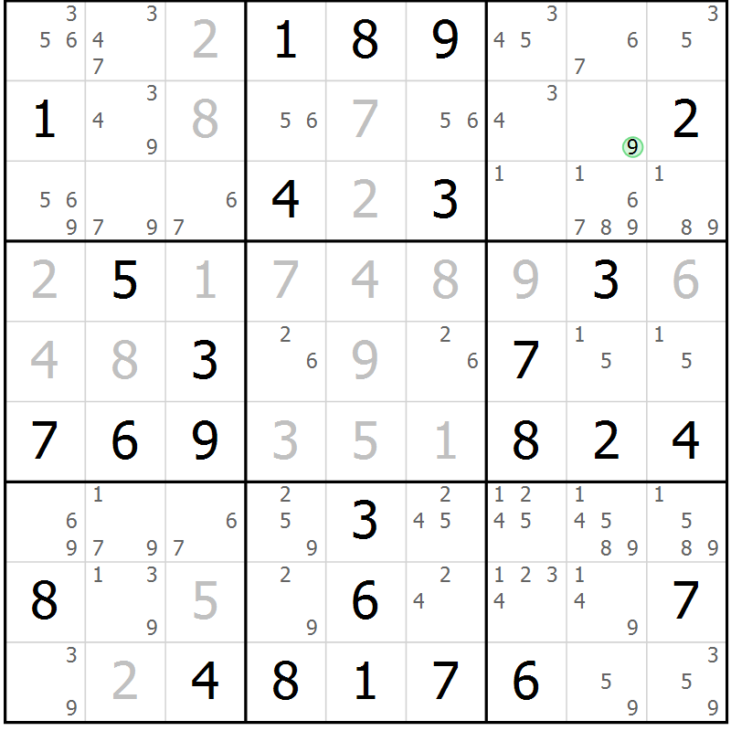 Position des candidats pour la solution de la Gr 9 page 12 du magazine de sudoku Giga sudoku niv 6-8 n° 032