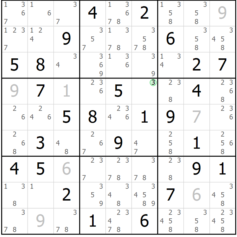Position des candidats pour la solution de la Gr 90 page 93 du magazine de sudoku Giga sudoku niv 6-8 n° 032